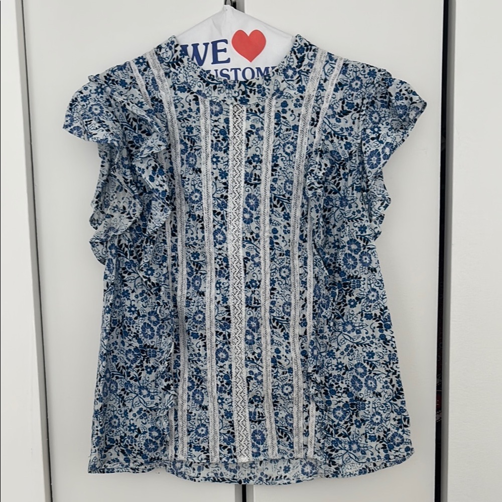 Veronica Beard Blue and White Ruffled Cap Sleeve Blouse